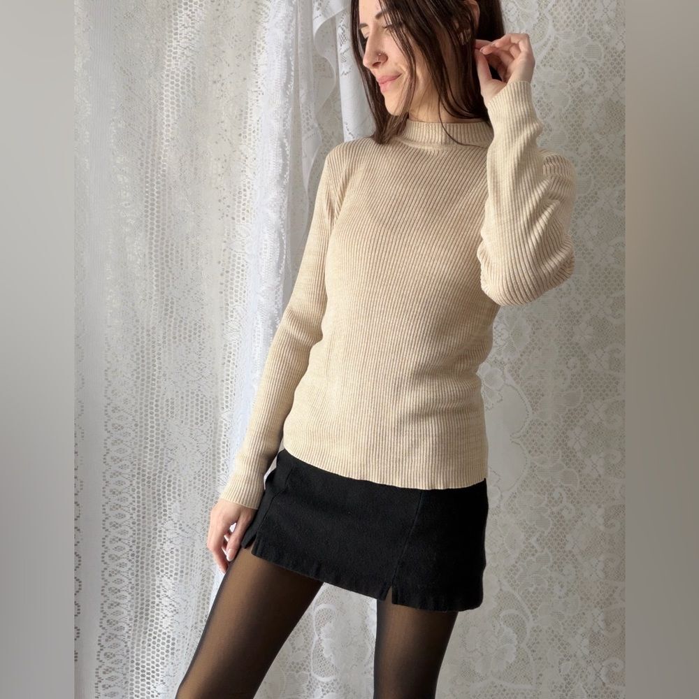 Vintage 90s Ribbed Mock Neck Sweater Sag Harbor Beige - Picture 10 of 12